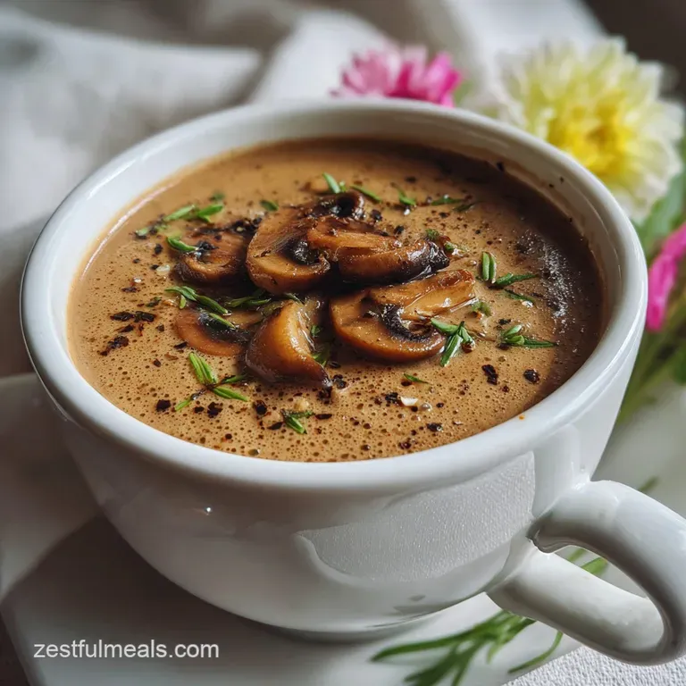 Elegant bowl of mushroom soup with a drizzle of cream, garnished with chives. A sophisticated, comforting and visually app...