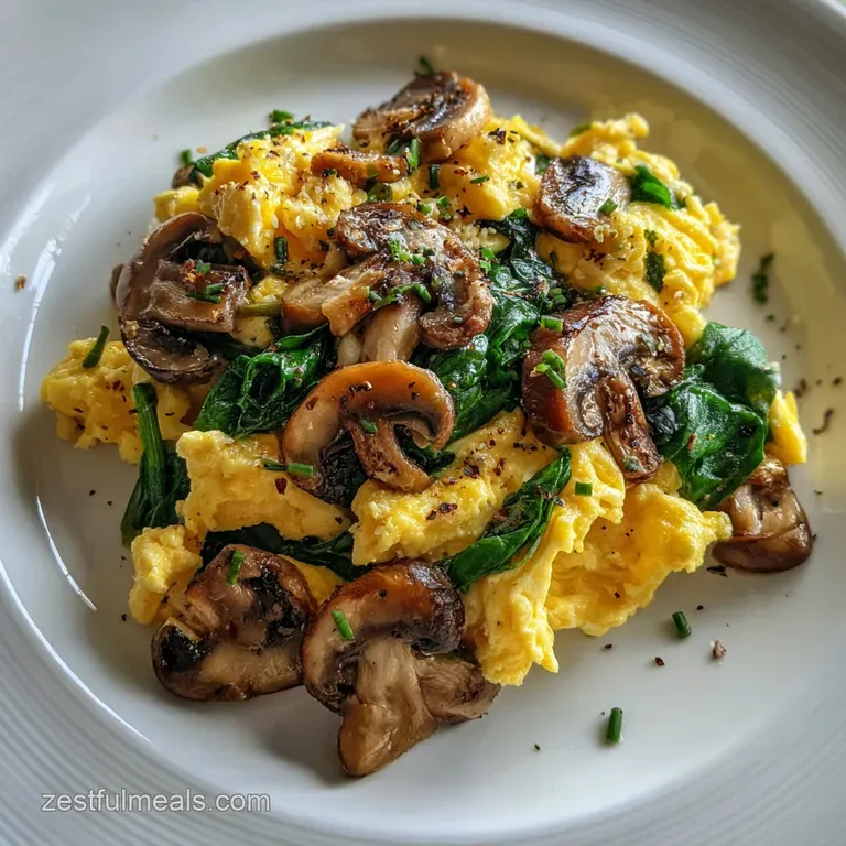 Scrambled eggs artfully plated with vibrant green spinach, browned mushrooms and a sprinkle of herbs, ready to be served.