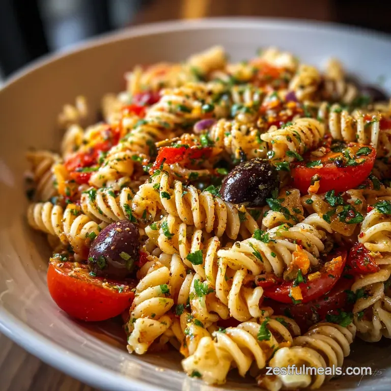 A bright serving of pasta salad artfully arranged in a white bowl, garnished with fresh herbs, suggesting a light and fres...