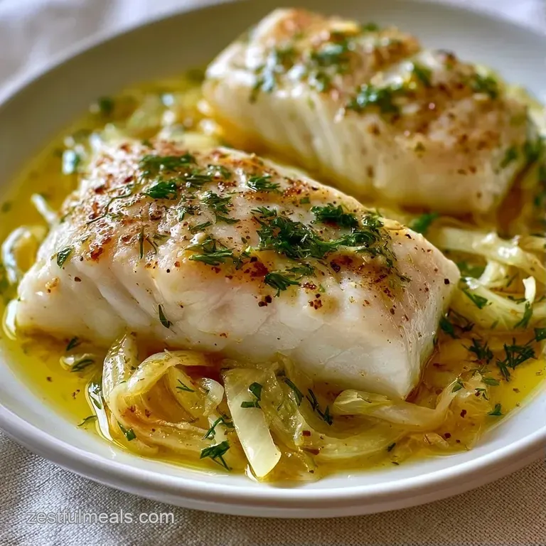 Tender white fish fillet on a minimalist white plate with a drizzle of golden oil and microgreen garnishes.