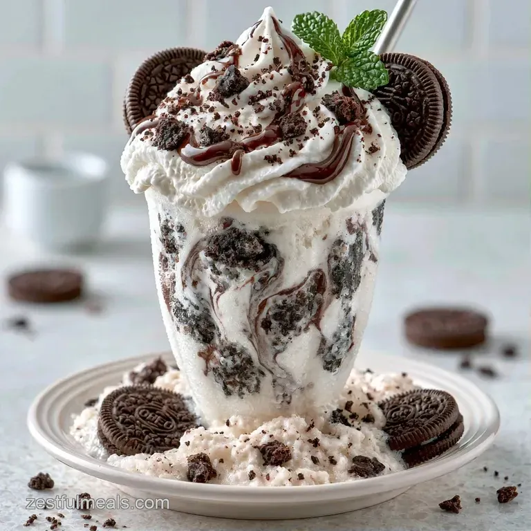 Tall frosted glass filled with a swirled black and white frozen treat, topped with a fluffy dollop of cream.