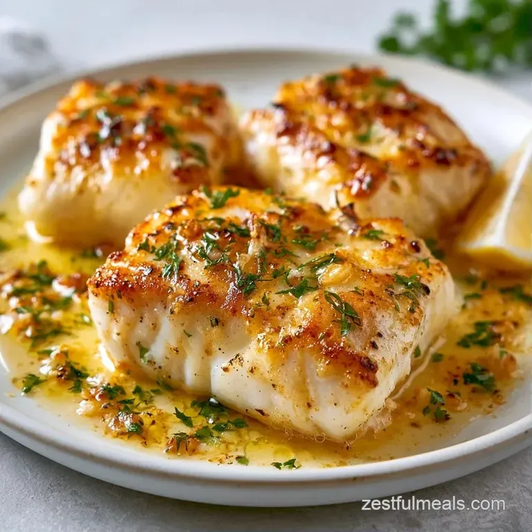 Searing white fish fillets drizzled with glistening garlic butter, served with steamed asparagus and lemon wedges.