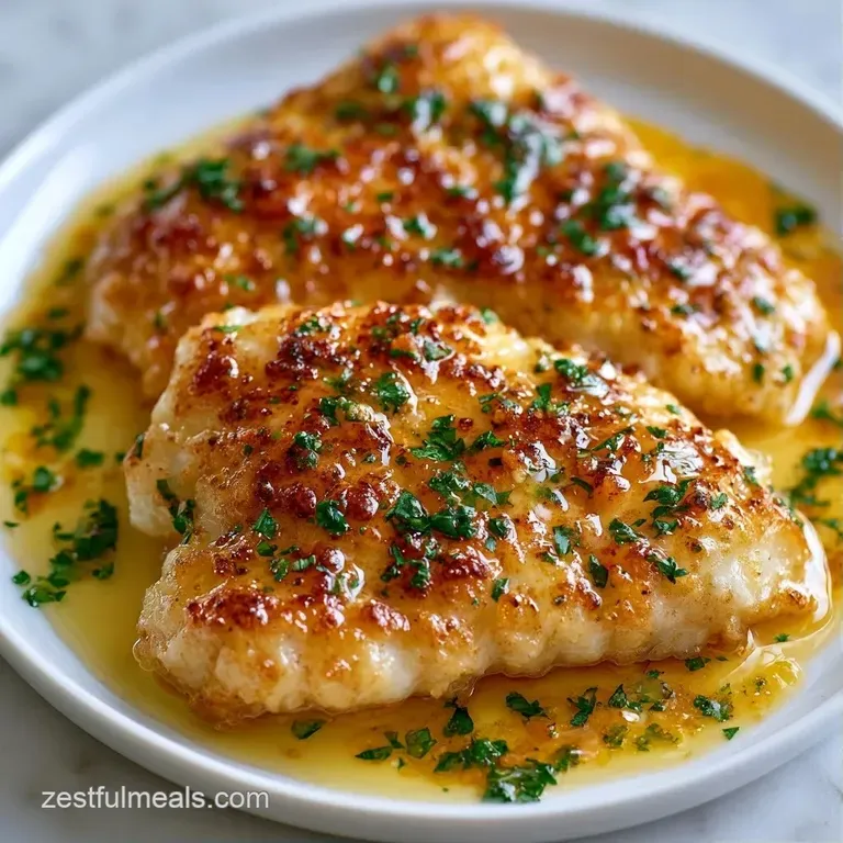 Elegantly plated white fish fillet with a seared top, drizzled in melted butter on a matte ceramic plate.