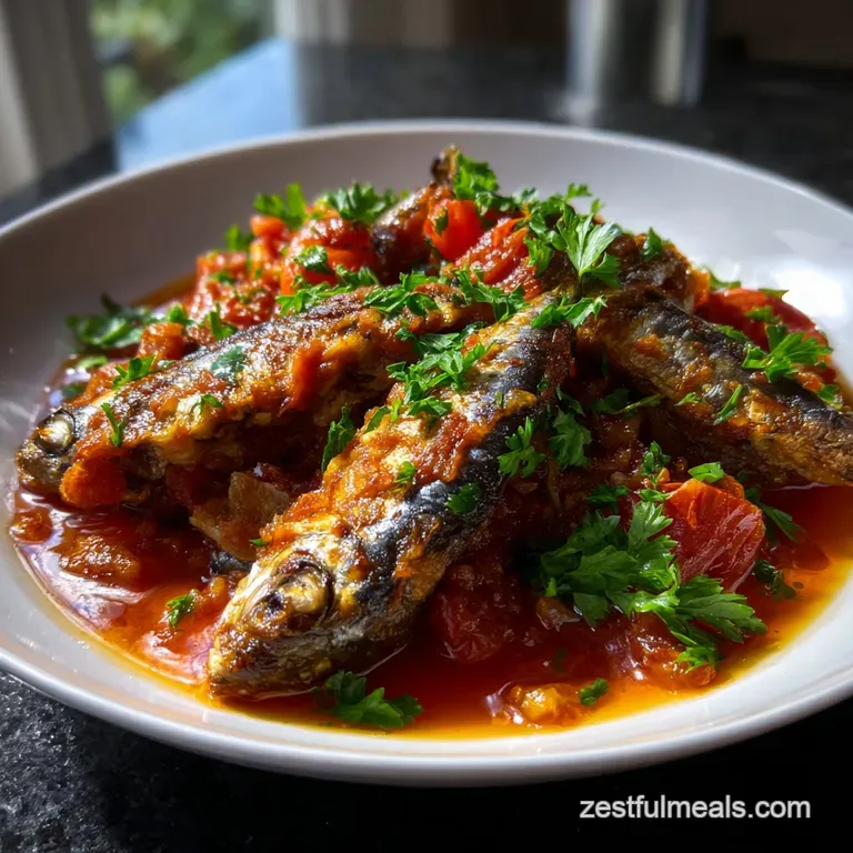 Elegant arrangement of sardines in rich tomato sauce, plated on a white porcelain dish, with a drizzle of olive oil and a ...