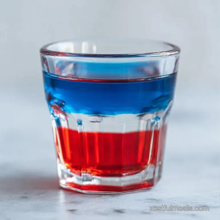 Three vibrant red, white, and blue layered drinks arranged on a white marble surface with scattered blueberries.