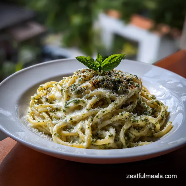 Elegant white plate showcasing swirled Alfredo and pesto sauce, garnished with fresh basil. A visually appealing, artful p...