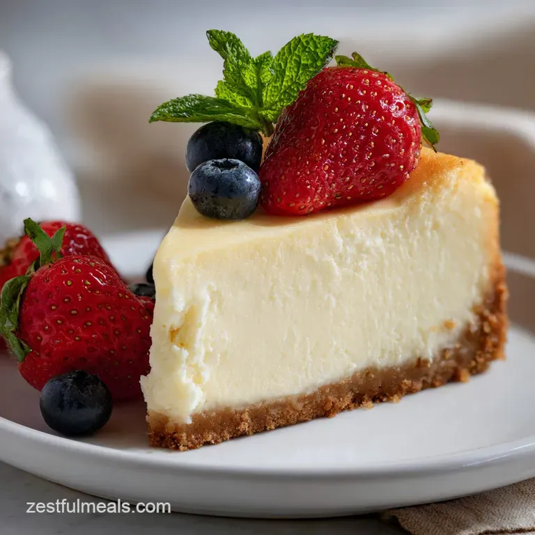 Slice of no-bake cheesecake on a white plate. Notice the rich, smooth texture and crumbly crust, topped with fresh raspber...
