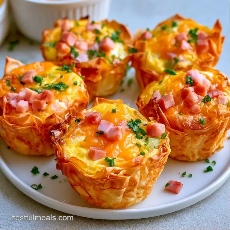 Three crispy, golden pastry shells filled with savory eggs and herbs, garnished with fresh parsley on a slate board.