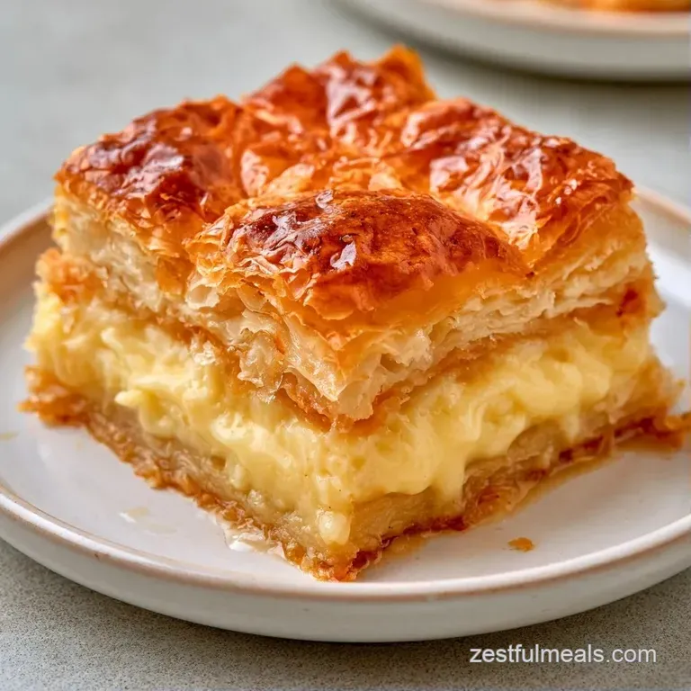 Elegant slice of golden-brown crinkled pastry on a marble plate, topped with a drizzle of sweet white cream.