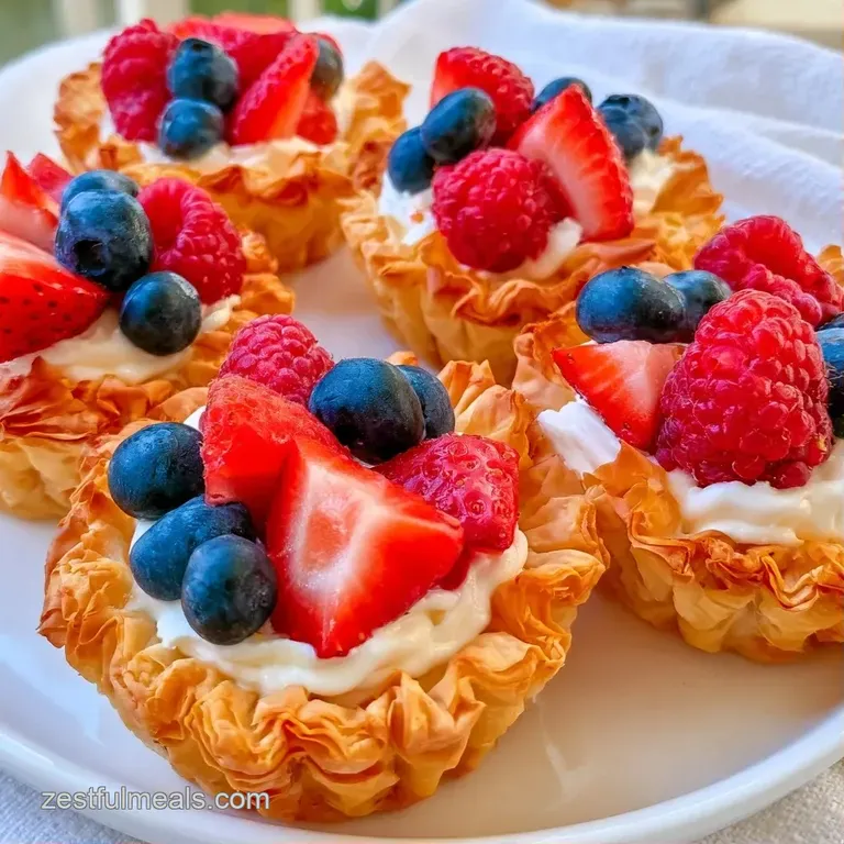 Tiny golden pastry shells topped with vibrant raspberries and blueberries arranged neatly on a slate serving platter.