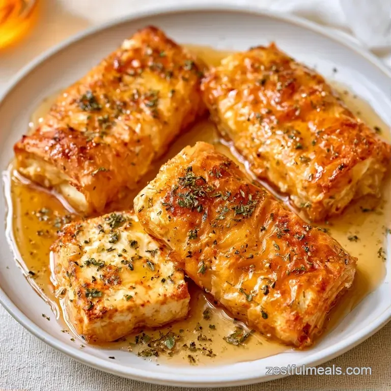 Golden-brown pastry bundles on a white platter, glistening with honey and garnished with a sprig of fresh rosemary.
