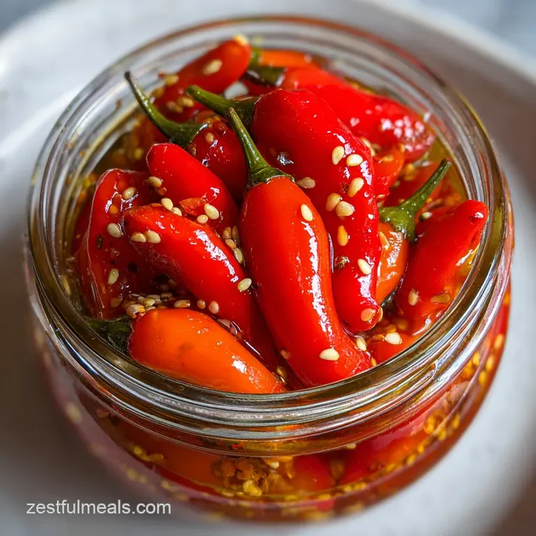 Bright red, pickled Peppadew peppers nestled in a glass jar, light catching the glossy surface, herbs and spices add visua...