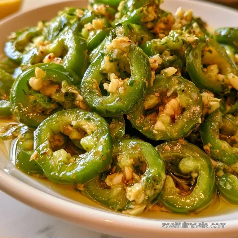 Sliced green peppers and aromatic garlic cloves arranged in a small white ceramic bowl on a dark wooden tabletop.