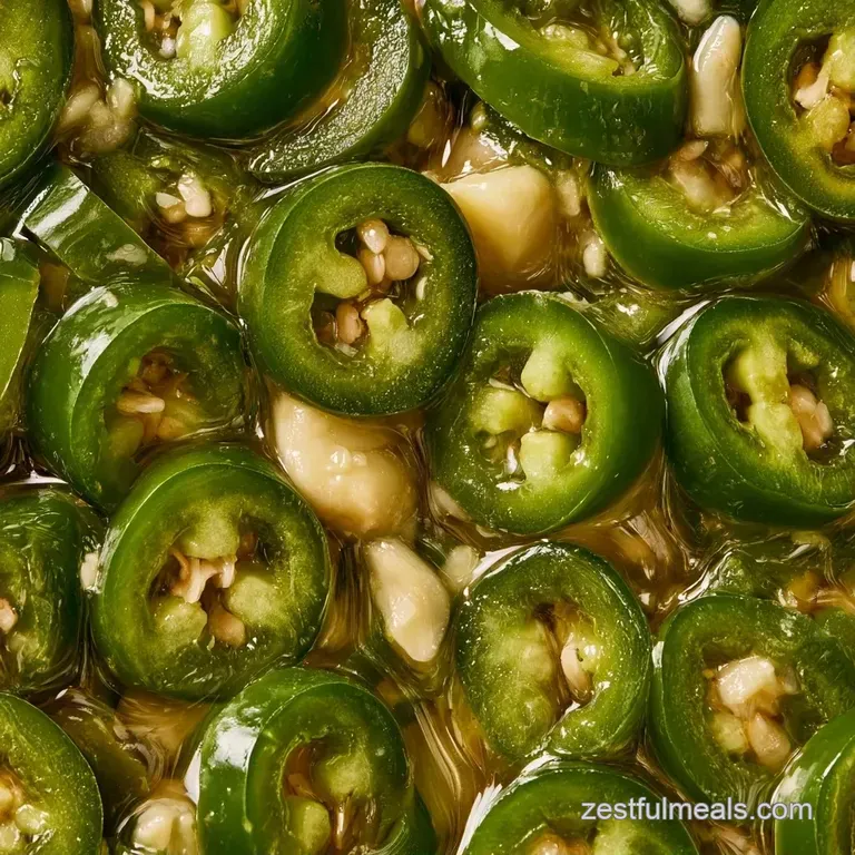 Sliced bright green peppers and garlic cloves arranged in a small glass bowl with a shimmering vinegar glaze.