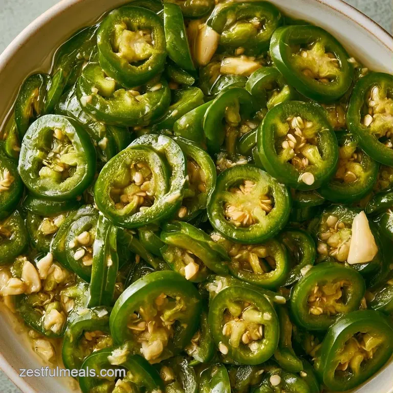 Vibrant green pepper rings arranged neatly in a white ceramic bowl with glistening droplets of clear pickling liquid.