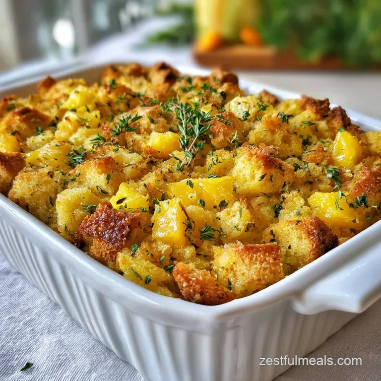 A spoonful of moist pineapple stuffing, golden crust, garnished with parsley on a vintage white plate.