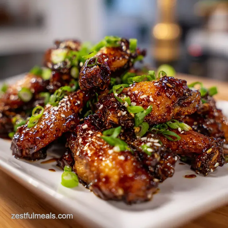 Pile of sticky wings, vibrant pineapple, & scallions on a plate. Charred edges hint at smokey flavors and a tempting, slig...