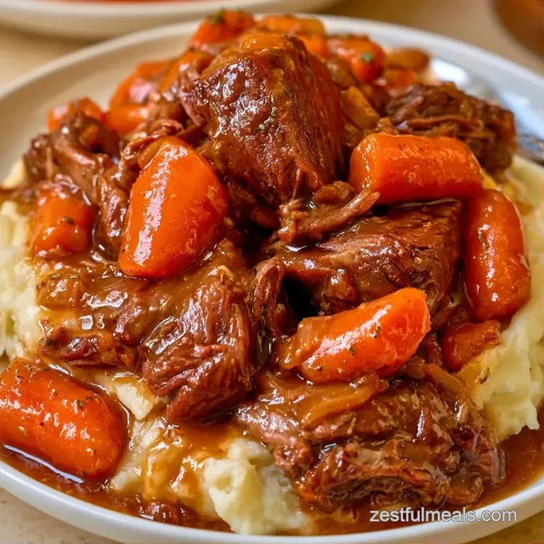 Neatly plated creamy mashed potatoes topped with tender beef slices and glazed carrots, drizzled with dark gravy.