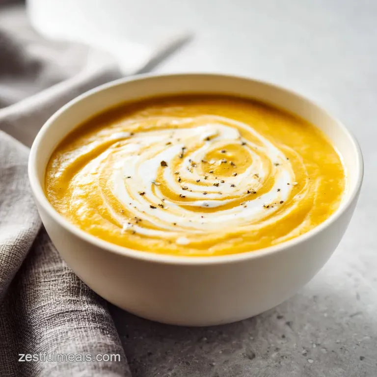 Creamy vegetable soup in a white porcelain bowl topped with a swirl of cream and fresh chopped chives.