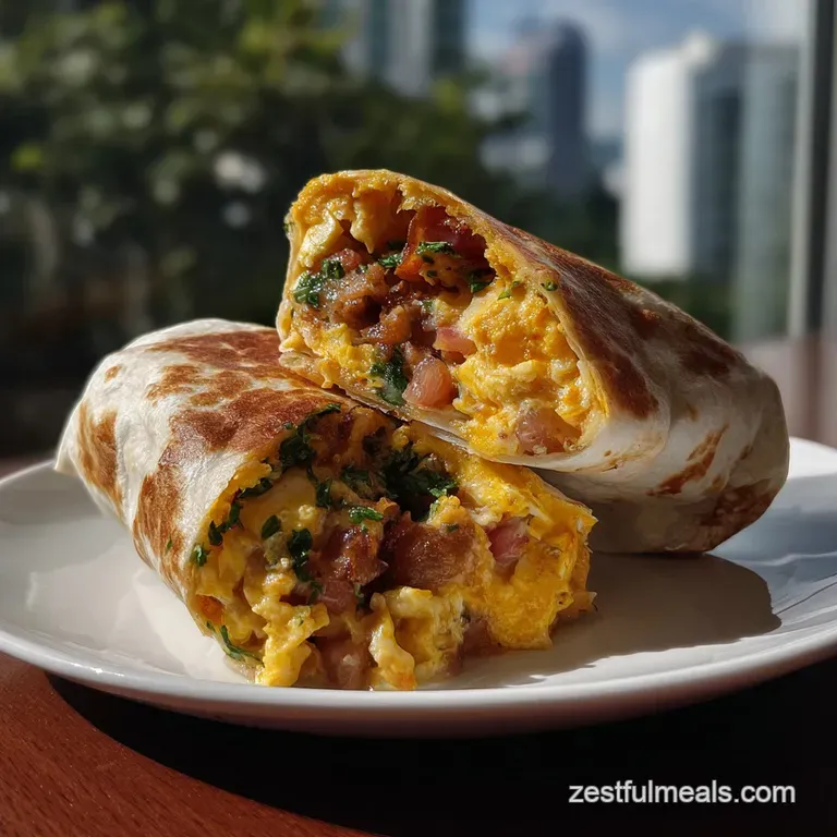 Two toasted burritos artfully arranged on a white plate, showcasing a vibrant array of fillings, with a garnish of cilantro.