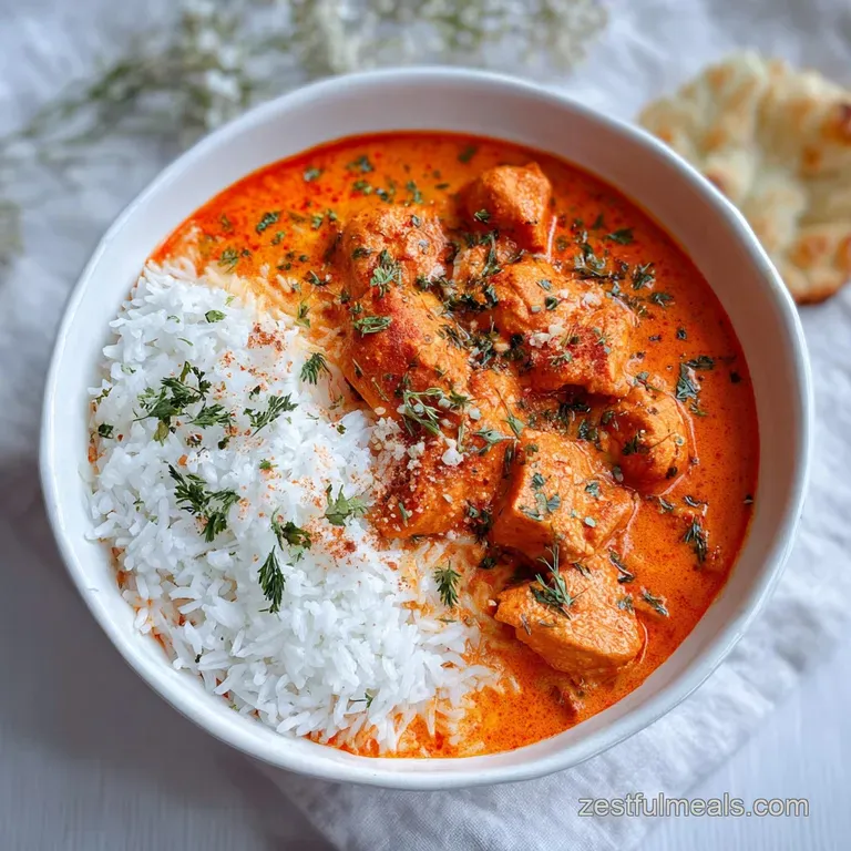 Butter chicken served in a white bowl, garnished with fresh cilantro. Vibrant orange sauce, inviting and silky.