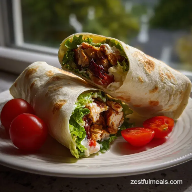 Artfully arranged wrap halves showcasing tender chicken and crisp vegetables. Bright colors pop against a white plate, off...