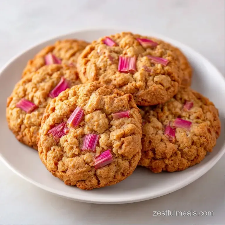 Three golden-brown cookies with vibrant pink rhubarb bits stacked neatly on a matte white plate with a linen napkin.