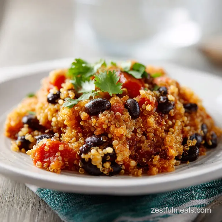 A spoonful of hearty quinoa bake, steam rising. Black beans, corn, and peppers stand out in the warm, creamy dish.