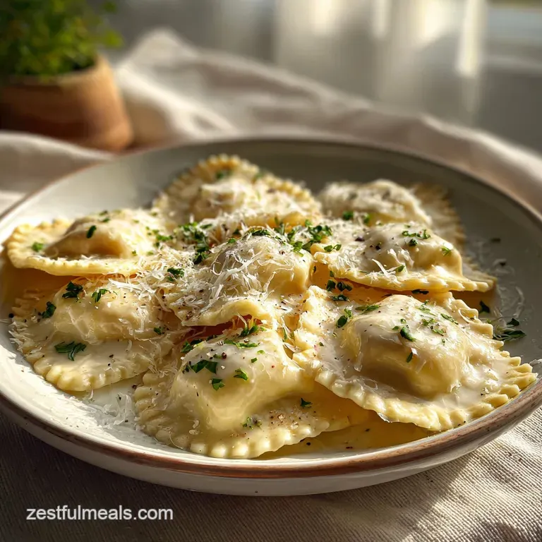 Perfectly plated ravioli with Alfredo; creamy sauce pools, garnished with fresh parsley. Steamy and inviting, ready to eat.