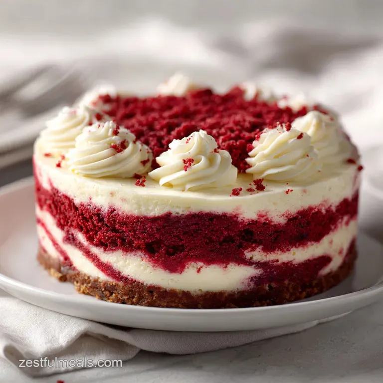 A generous slice revealing vibrant red cake and creamy cheesecake swirls, artfully plated.