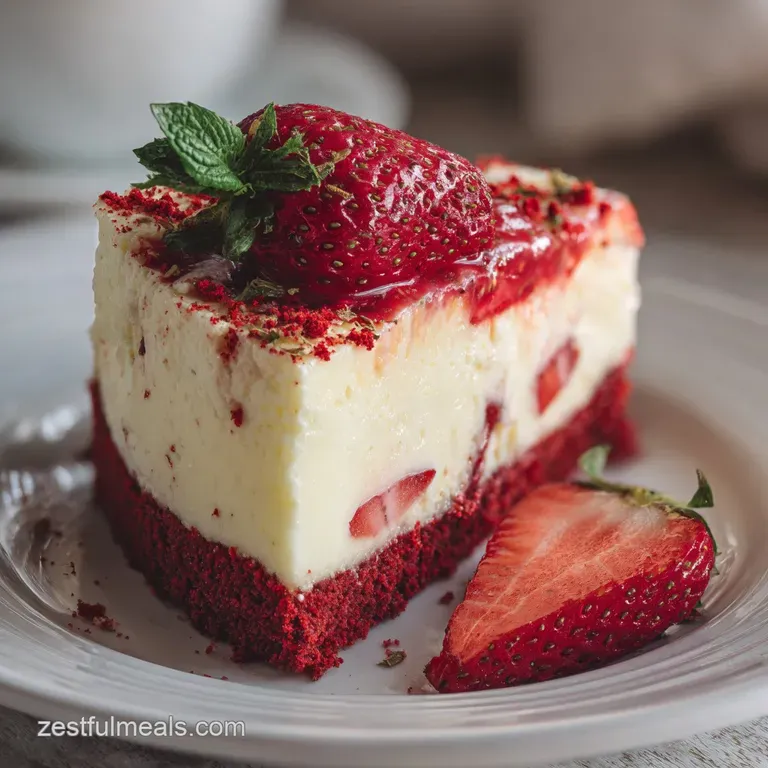 Slice of layered red velvet cheesecake on a white plate; vivid red contrasts with creamy filling and fresh strawberry garn...