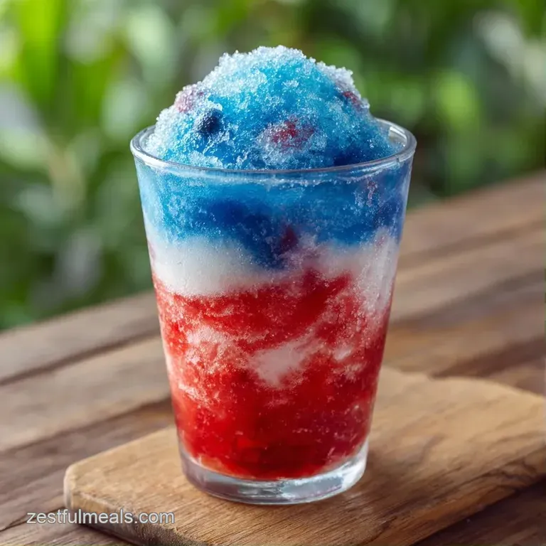Three distinct tiers of crimson, snowy white, and deep azure frozen cocktails served in a frosted hurricane glass.