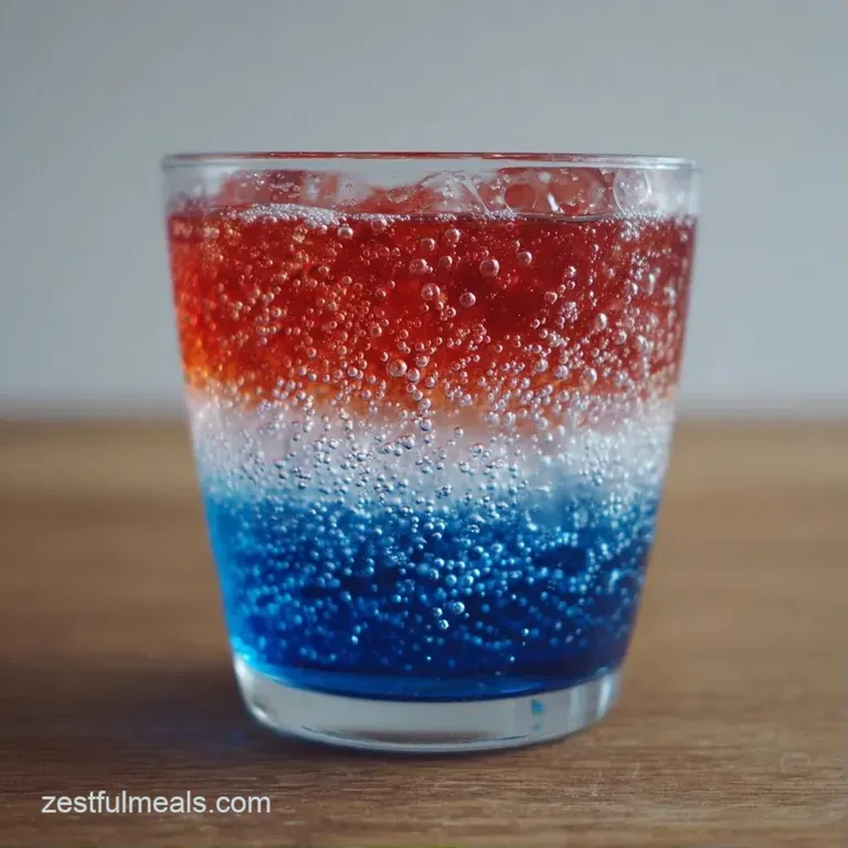Elegant crystal glassware showcasing layered red, white, and blue tones with frosty condensation and fresh berries.