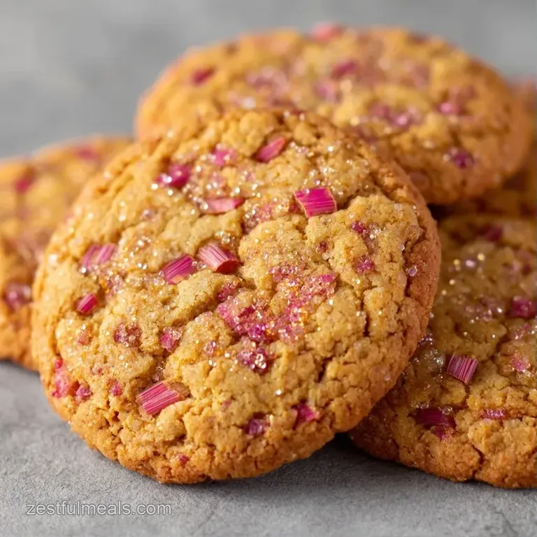 Golden-hued cookies stacked on a rustic wooden platter with a scattering of cinnamon sticks and red rhubarb stems.