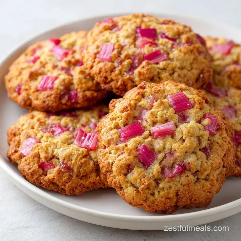 A neat stack of golden-brown cookies on a white marble slab, garnished with a few fresh, sliced rhubarb stalks.