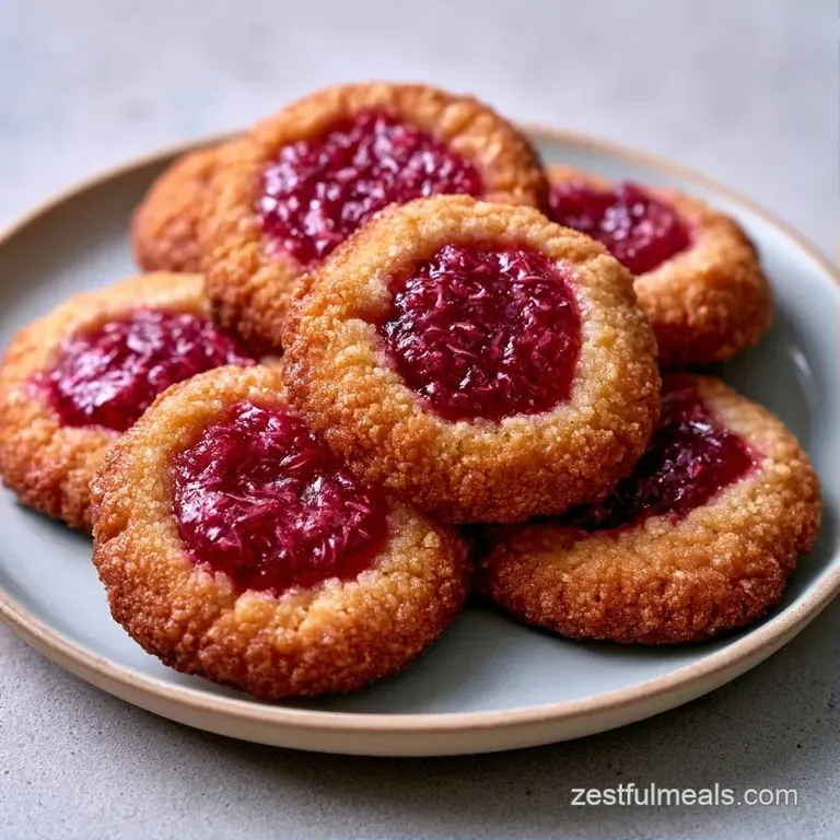 A neat stack of buttery biscuits with glowing red jam centers on a white plate, paired with fresh rhubarb stalks.