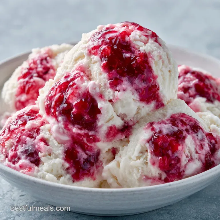 Three pale pink scoops on a white porcelain plate with fresh mint leaves and a drizzle of tart red fruit syrup.