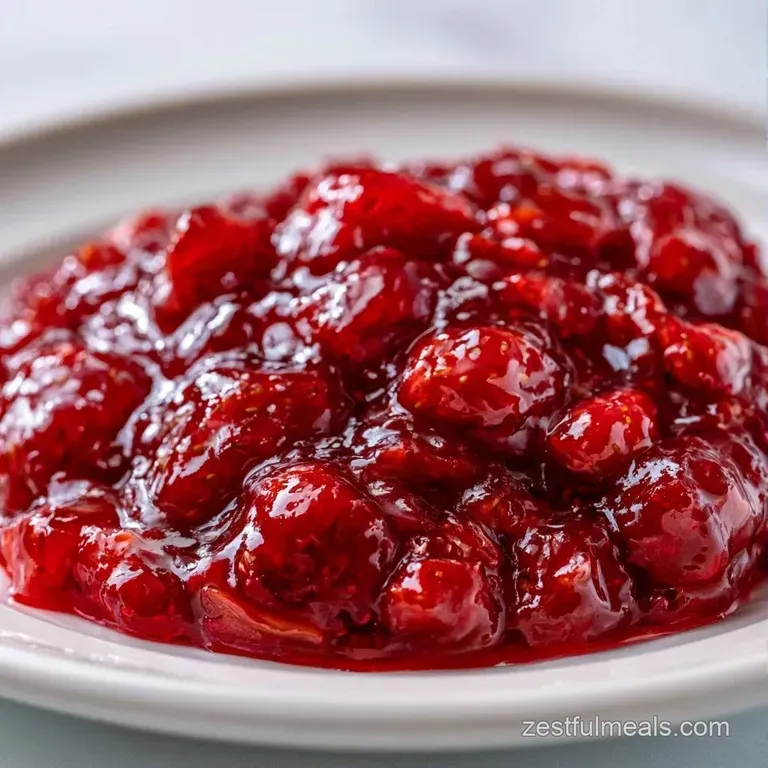 A dollop of glossy red fruit preserve atop a toasted sourdough slice, garnished with a fresh mint leaf and berry.