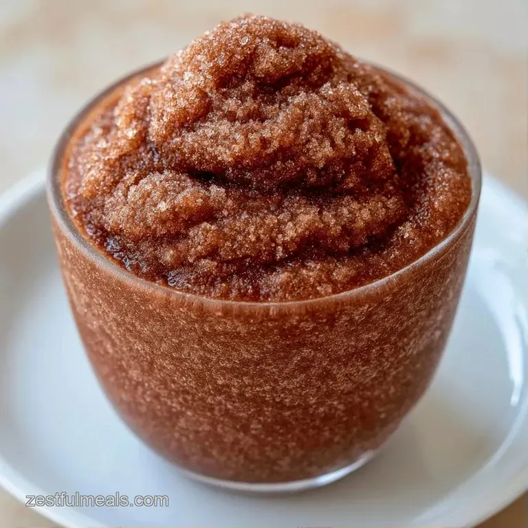 Four frosted glasses of dark brown frozen treats with chocolate curls, arranged neatly on a white marble surface.