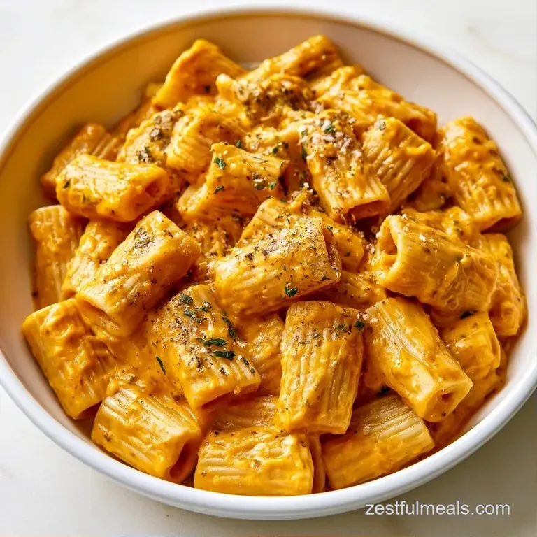 Vibrant orange pasta swirled in a white ceramic bowl, garnished with crispy sage and toasted walnuts on a table.