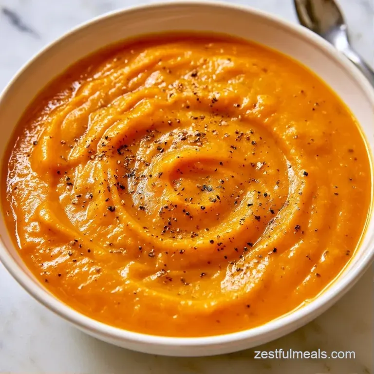 Velvety orange soup in a white bowl topped with a drizzle of olive oil and a sprig of fresh green sage.