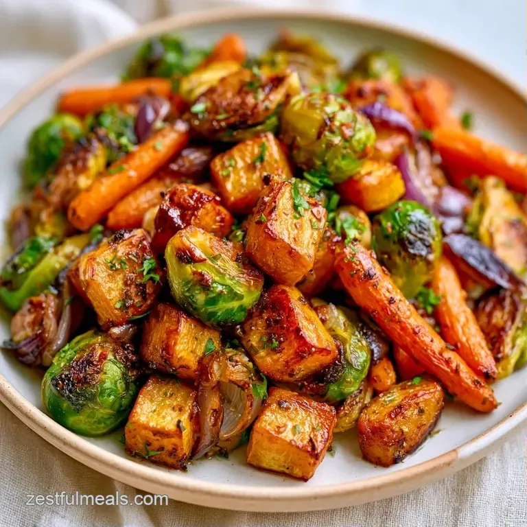 Neatly stacked roasted root vegetables garnished with fresh thyme and rosemary on a white matte ceramic plate.
