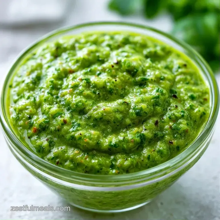 A sleek glass bottle of bright green sauce beside charred serrano peppers and garlic cloves on a white marble slab.