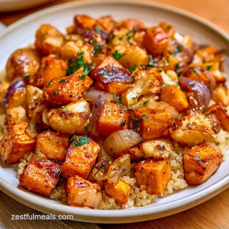 Vibrant roasted carrots and broccoli nestled atop fluffy quinoa in a ceramic bowl with a drizzle of creamy tahini.