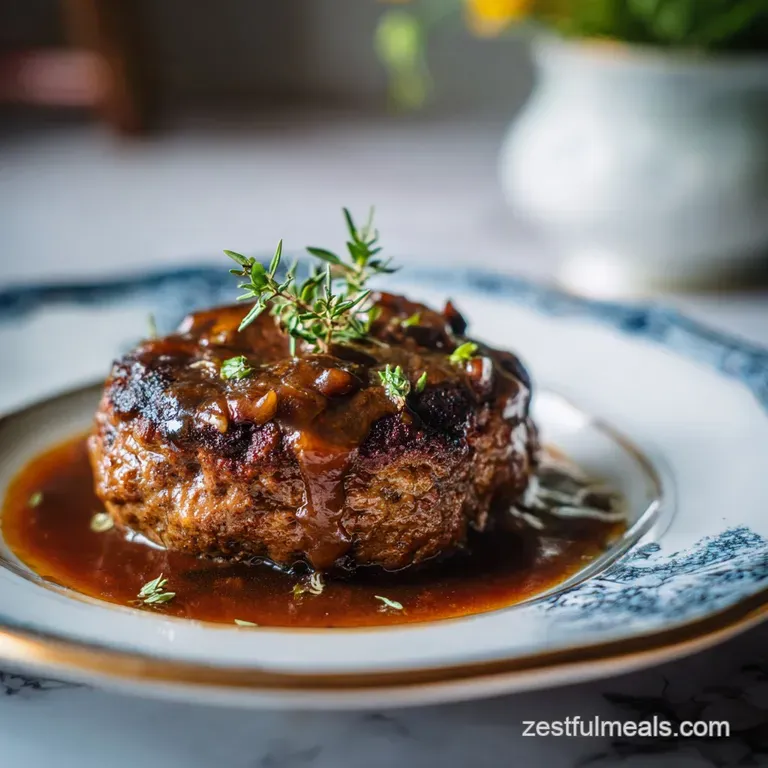 Perfectly seared Salisbury steak topped with saut&eacute;ed mushrooms and onions, nestled beside fluffy mashed potatoes with a sp...