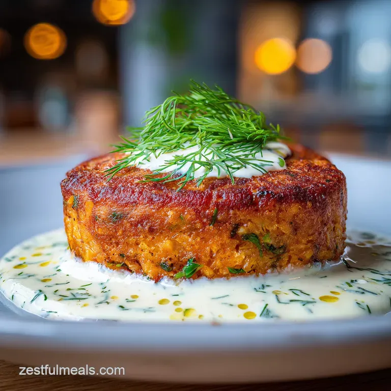 A perfectly seared salmon patty rests beside vibrant green asparagus spears, drizzled with bright lemon garlic sauce.