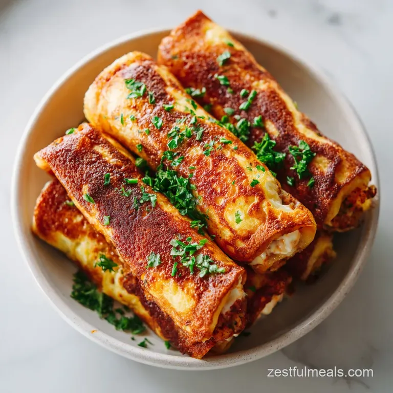 Neatly stacked golden French toast rolls, lightly dusted with powdered sugar, served with a drizzle of maple syrup.