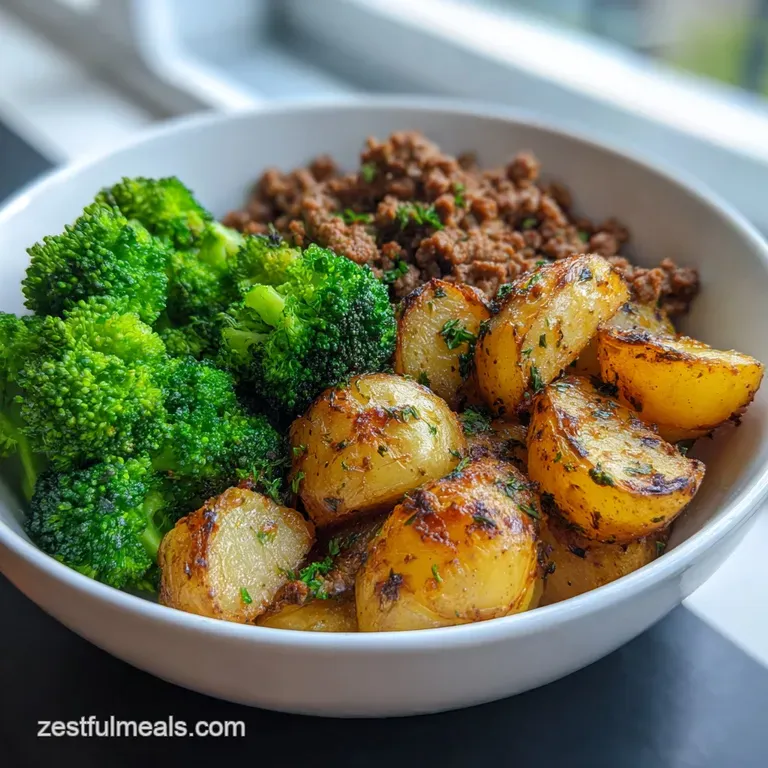 Perfectly plated ground beef nestled beside golden potatoes, sprinkled with herbs, hinting at warmth and home-style comfort.