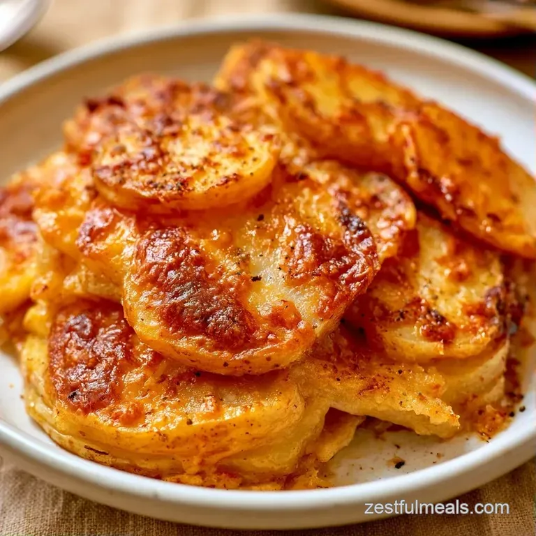 A neat square slice of creamy layered potatoes on a white plate, topped with toasted cheese and a sprig of parsley.