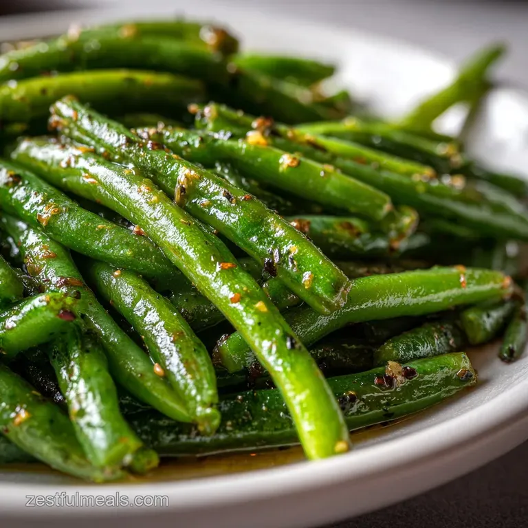 Bright green beans, glistening with butter, mounded on a white plate. Coarse black pepper is sprinkled for visual appeal.
